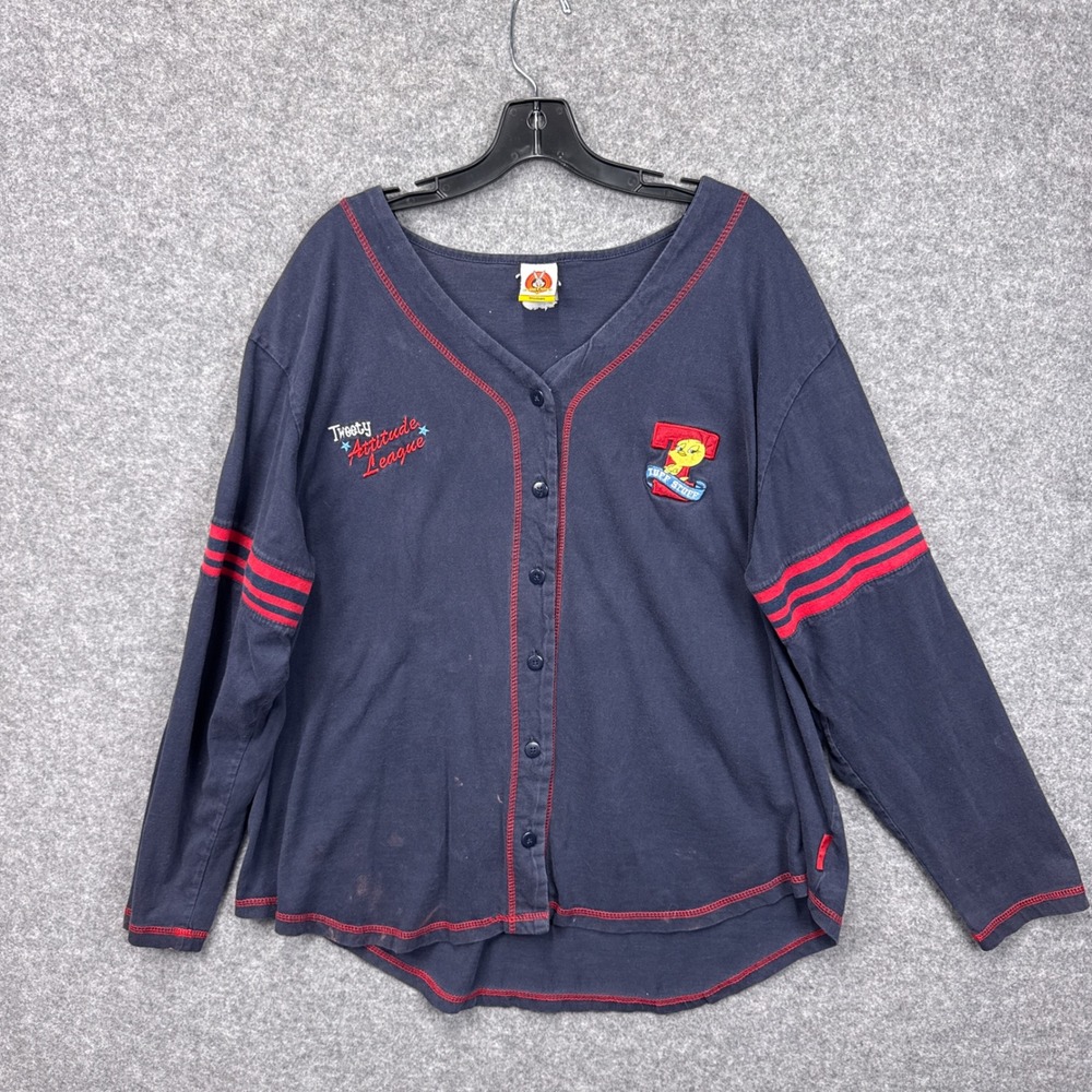 Vintage‎ Looney Tunes Tweety Bird Navy Blue Button Front Jersey Top Womens XL